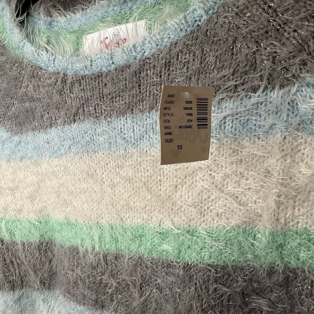Justice Girls Size 10 NWT Shag Fuzzy Sweater Striped Green Blue Gray Pullover - Picture 5 of 7